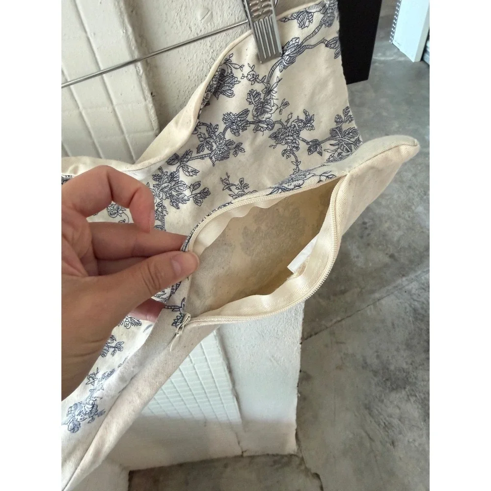 Blue Floral Toile Cotton Lumbar Pillow Cover French Country Farmhouse 18x12